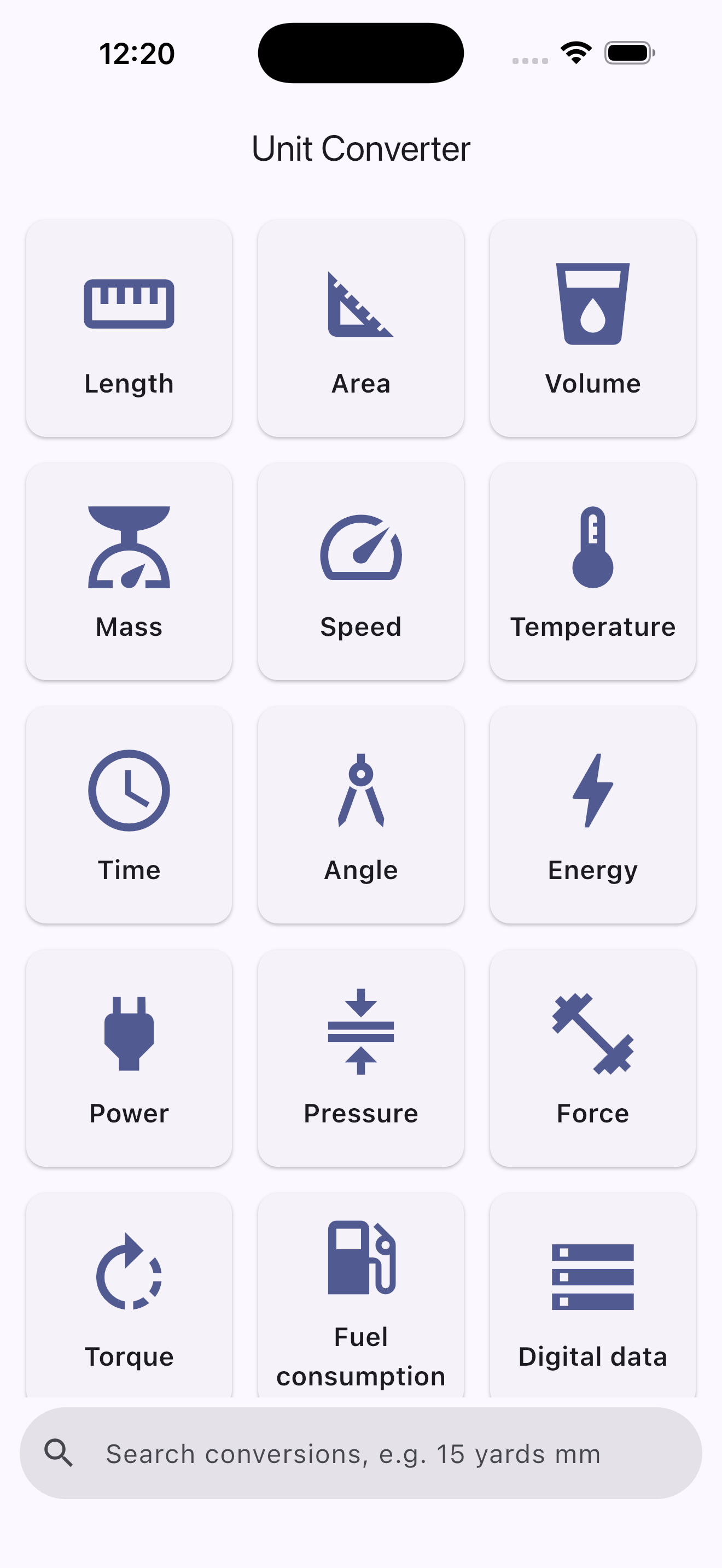 Category grid with 20 conversion categories