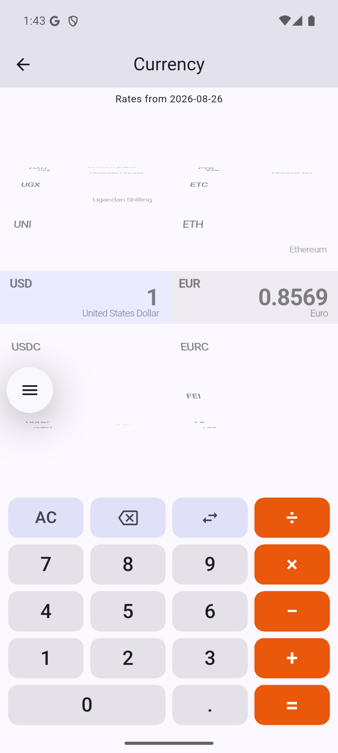 Live currency conversion with the rates date